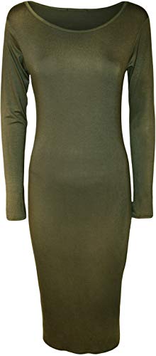 Colop Ladies Womens Long Sleeve Stretch Bodycon Plain Jersey Midi Dress 8-26 (Khaki, 12-14)