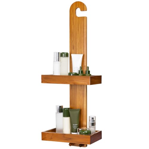Utoplike Teak Hanging Shower Caddy with Hooks Bathroom Shower Organizer Over Shower Head 2-Tier Wood Shelf for Shampoo Towels No Drilling