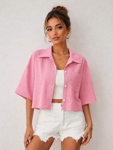 Image of Jacket for Women Stylish Cropped | Trendy Half Sleeve Button Down Casual Top | Loose Fit Shrug for Beach & Resort Outfits | Fashionable Lightweight Jacket (28 K-1-4)