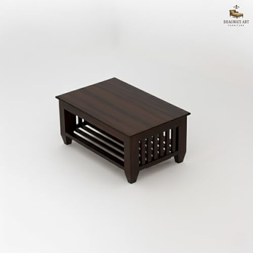 Image of Solid Sheesham Wood Coffee Table for Living Room | Wooden Rectangle Coffee /Tea Table with Storage |Center Table with Storage Teapoye for Home, Living Room, Balcony (Walnut Finish)