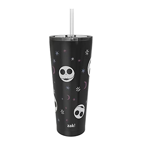 Image of Zak Designs Disney Vacuum Insulated Stainless Steel Travel Tumbler with Splash-Proof Lid, Includes Reusable Plastic Straw and Fits in Car Cup Holders (18 /8 SS, 25 oz, The Nightmare Before Christmas)