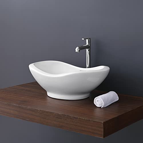 Kemjo Ceramic White Table Top Wash Basin with Accessories | 20.86 x 13.77 x 7.28 Inch | WT-Cosmo