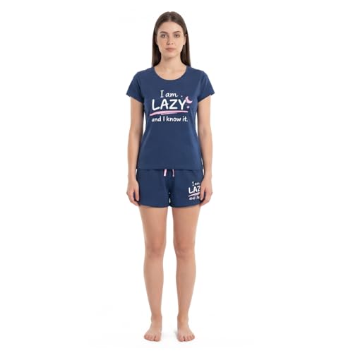 Image of North East Ladies Short Pyjama Set Novelty Slogan Print Sizes 10 to 24 Sleep Nightwear PJs (I'm Lazy 22-24)