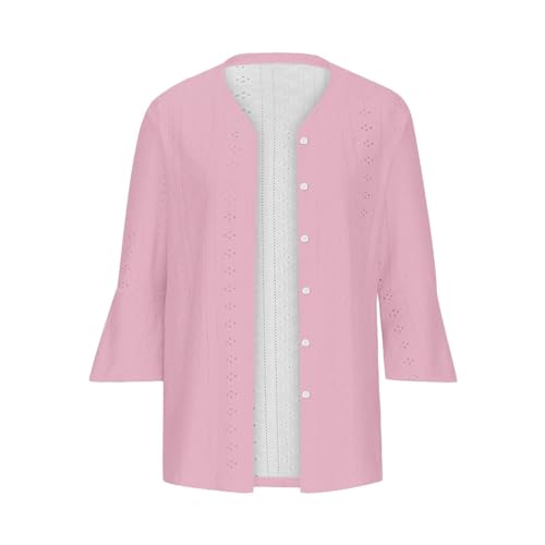 Cardigã feminino leve com frente aberta, manga 3/4, gola V, ilhós, cor sólida, tops de praia casuais