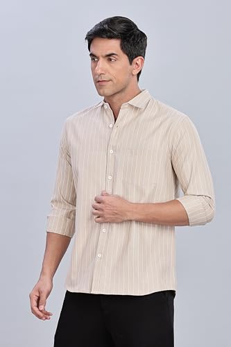 Image of MILDIN Men's Pure Cotton Striped Printed Shirt with Spread Collared Neck Full Sleeve Curved Hemline Button Closure and Regular Fit | Shirt for Man