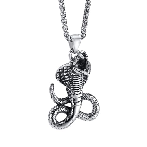 OAKKY Men's Stainless Steel Vintage Personality Hip Hop Cool Ferocious Roaring Serpent Cobra Snakes Biker Pendant Amulet Necklace Silver with Chain