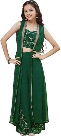 MORENDMORE Girls Embroderied Top Bottom set outfit | Kurta palazzo and Dupatta set for kids girls