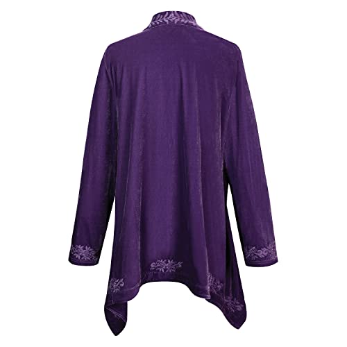 Floriana Womens Embroidered Kimono Cardigan Velvet Blazer Open Front Kimono Top - Purple, Large3