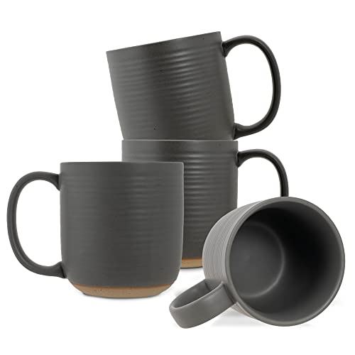 Elanze Designs Ribbed Ceramic Stoneware 16 ounce Raw Clay Bottom Coffee Mugs Set of 4 Grey