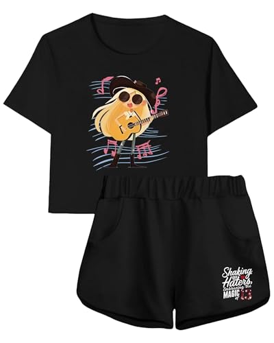 Image of TOOPYNOI Girls Crop Shorts Set, Graphic Short Sleeve Top Lounge Sets with Pockets Toddler Kids 2 Piece Country Music Outfit