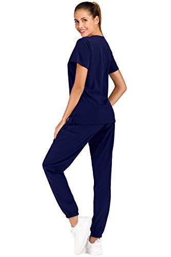 Minty Mint Women's Solid Stretch Medical Uniform Scrub Set V Neck Top Cargo Tapered Jogger Pants Indigo Blue L #TOP2