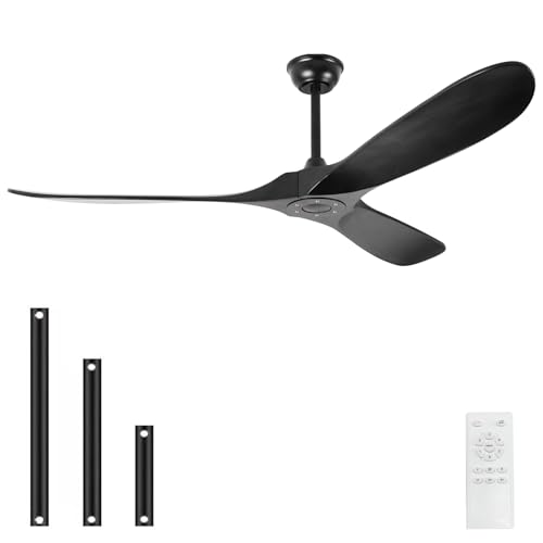 Image of 52'' Solid Wood Ceiling Fan without Light,Modern Black Ceiling Fans with Remote Control,Quiet and Reversible DC Motor,Outdoor Ceiling Fan for Garage,Porch,Living Room,Bedroom
