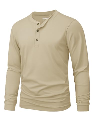 MAGNIVIT - MAGNIVIT Men's Henley Collar Shirt Long Sleeve 3 Button Shirt Casual Spring Shirt Thermal Cotton Henley Basic Shirt Khaki L - -14%
