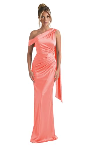 ieonoa Coral One Shoulder Mermaid Pleated Satin Maxi Dress