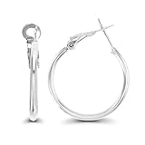 Sterling Silver Polished Omega Back Hoop Earrings for Women | 2x25mm Round Hoop Earrings | Secure Bar Closure | 14k Plated Shiny Classic Earrings