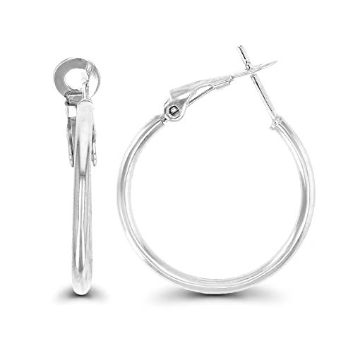DECADENCE Sterling Silver Polished Omega Back Hoop Earrings for Women | 2x25mm Round Hoop Earrings | Secure Bar Closure | 14k Plated Shiny Classic Earrings