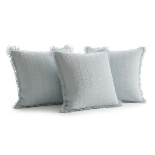 Image of Light Blue Cushion Covers - 16x16 Inch | Set of 2 | Hand-Woven Fringed Cotton Decorative Covers for Sofa, Living Room & Bedroom Decor | Square Shape Cushion Cases