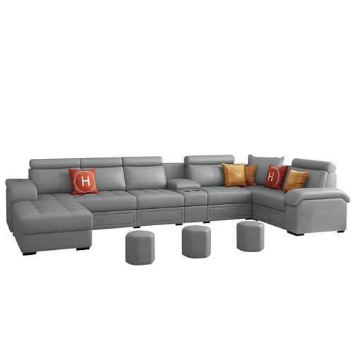 Image of Casaliving Emerson Modern U-Shaped Sectional Sofa Set 9 Seater, Sofa Couch with 3 Puffy for Hall (Grey Colour) Premium Leatherette Fabric Sofa