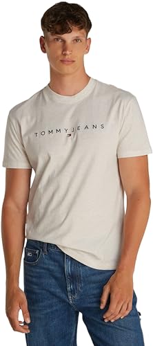 Tommy Jeans Herren T-Shirt Kurzarm Linear Logo Baumwolle, Grau (Oat Marl), XXL