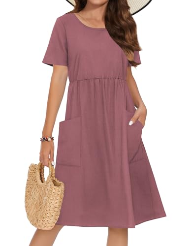 Zeagoo Summer Ethnic Dress Short Sleeve Floral Summer Midi Dress Hawaiian Dresses A-Line Gauze Modest Dress with Pockets,Red,S