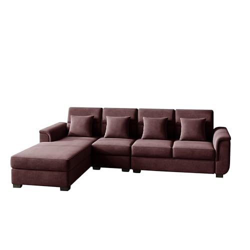 Image of Wood 6 Seater Sofa Set | Velvet Fabric Upholstery | Modern Wooden Frame Sectional Couch with Cushions for Living Room, Home & Office (Brown)