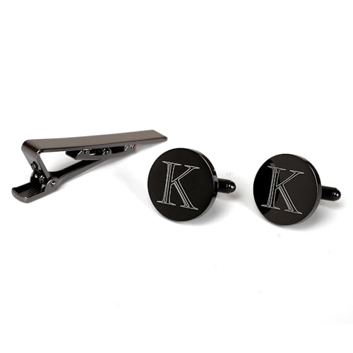 Image of Mens Initial Cufflinks and Tie Clip A-Z Alphabet Letter Black Stainless Cuff Links Tie Bar with Engraved Walnut Wood Box Groom Groomsman Wedding Set