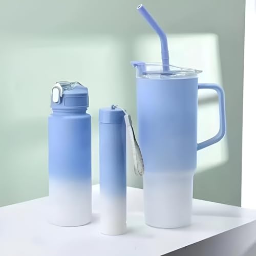 Image of Large Handle Water Bottle with Straw for Desk, Office, Travel - 1200 /900 /300 ML Gradient & Matte Hydration Bottle Set (Multi Sky Blue)