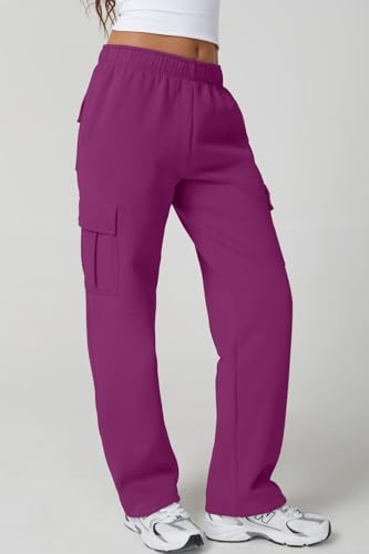 Image of QINSEN Baggy Medium Waist Elastic Sweatpants for Womens Casual Long Fleece Cargo Pants with Pockets