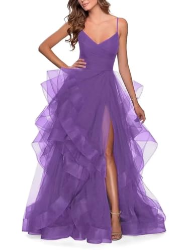 Tiered Tulle Prom Dresses 2025 Long Sparkly Tulle Ball Gowns A Line Women V-Neck Formal Evening Party Gown with Slit