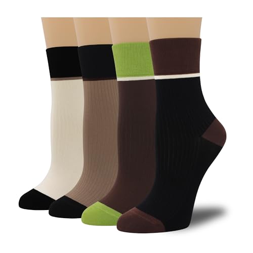 4 Pairs Fashion Colorful Combed Cotton Thin Ankle Crew Socks for Women, Striped Casual Soft Cute Vintage Colorblock Sock