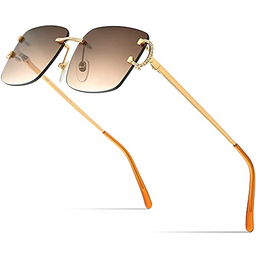 HEPIDEM Rimless Rectangle Zircon Diamonds UV400 Square Sunglasses for Men with Nylon Lens