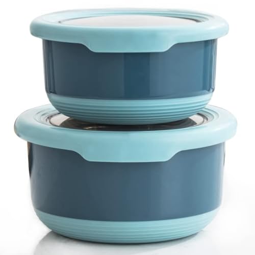 Turbid 1.2L & 2L Stainless Steel Food Storage Set of- 2 Anti-Slip Containers for Meal Prep - Bento Lunch Box, Leakproof, BPA-Free, Snack Containers, Steel Single Layer Round Shape (2, Large Mix)