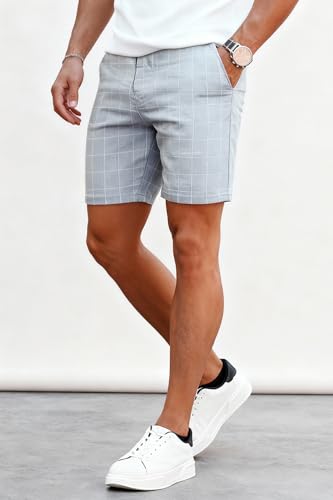 Image of GINGTTO Mens Slim Fit Shorts Plaid Chino Short Tapered Leg Skinny Stretch