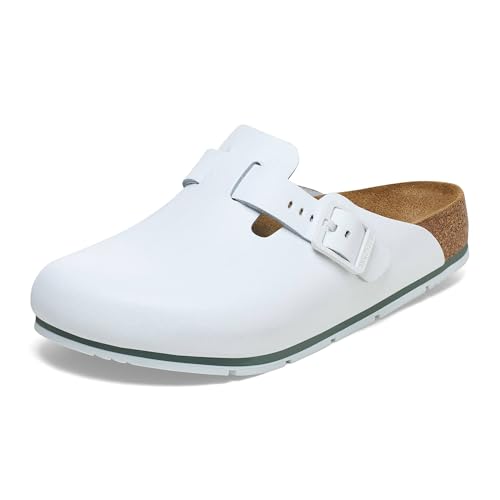 Birkenstock Damen Herren Boston Pro Hausschuhe Leder Pantoletten - Clogs - Zertifiziert nach EN ISO 20347:2043 - Berufsschuhe für Medizin, Gastronomie und Service - Weiß - 43