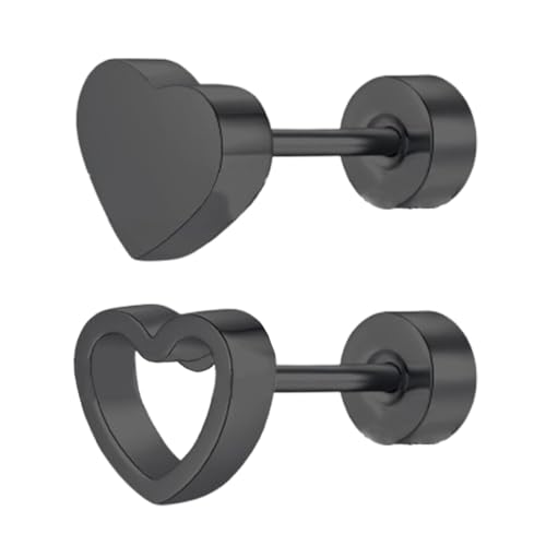 Fc'Noqgn 2 Pcs Pendientes Corazón, Pendientes Unisex, Acero Inoxidable, Pendientes Corazón Clásico Asimétrico, Pendientes Piercing, Negro