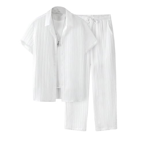 FindThy Men’s 2 Piece Outfit Trendy Short Sleeve Button Down Shirt Loose Pants Set Summer Beach Vacation Outfits