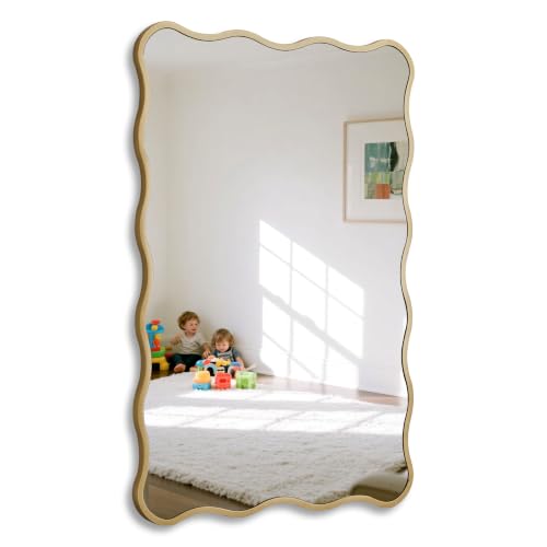 Meolyx Gold Wavy Bathroom 20x30 Rectangle Scalloped Farmhouse Wall Mirror