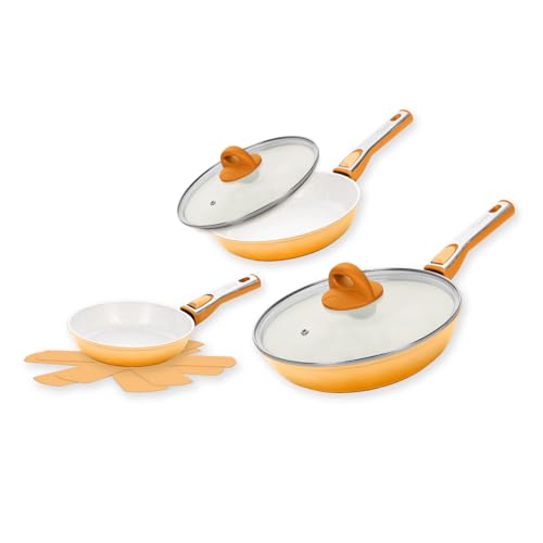 Cerafit Revolution Keramik-Pfannenset 7-teilig, 20 cm + 24 cm + 28 cm, Antihaftbeschichtung, ThermoSpeed-Induktions-Technologie, Vlies Einler inklusive, Orange