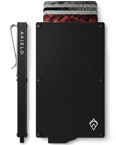 AKIELO Kartenetui mit RFID Schutz, Geldklammer und Geschenkbox – Minimalistische Geldbörse Herren – Kompakte Wallet und Kontaktloser Kreditkartenschutz (Alpha - Schwarze Ausgabe mit Geldklammer)