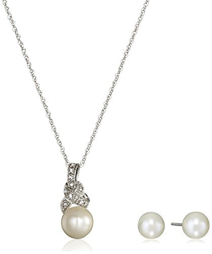 Amazon Collection Sterling Silver Pearl and Created White Sapphire Pendant Necklace and Earrings Box Set, 18