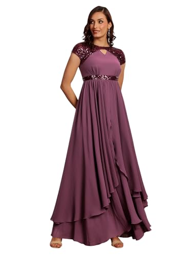 Image of Miss Chase Women's Round Neck Sleeve Embellished Fit Flare Maxi Dress