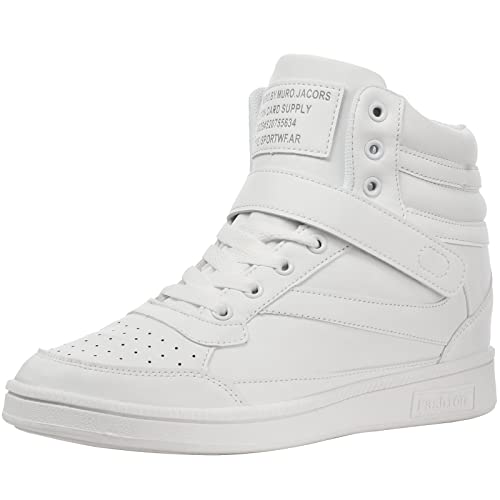 wealsex Basket Montante Compensées Femme Scratch Lacets PU Cuir Chaussure Mode Confort (Blanche,36)