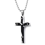 Metal: Acero inoxidable 316L COOLSTEELANDBEYOND Nuevo, Collar de Cruz, Colgante Cruce de Hombre, Acero, Capas Dobles, con Remaches Acentos, Bola Cadena 60CM