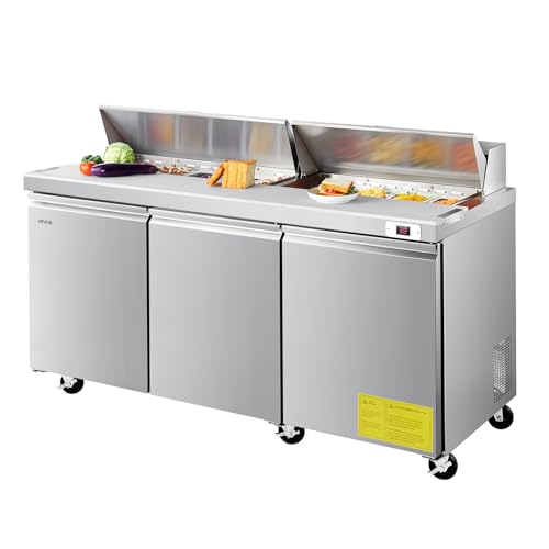 Image of VEVOR 72 inchW Commercial Refrigerator, 18.7 Cu. Ft Sandwich Prep Refrigerated Table, Mega Top Food Prep Fridge with 18 Pans and Cutting Board, Stainless Steel Salad Prep Cooler for Restaurant, Food Truck | 18.7 Cu Ft 3-Door Mega Top Salad Cooler, Thick Cutting Board, Stainless Steel Food Prep Fridge, for Restaurant, Food Truck