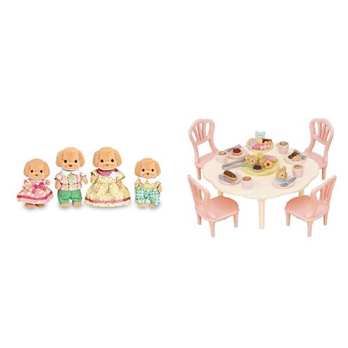 Calico Critters 3-inch Toy Poodle Family with Sweets Party Set - Tea Party Dollhouse Accessories Bundle