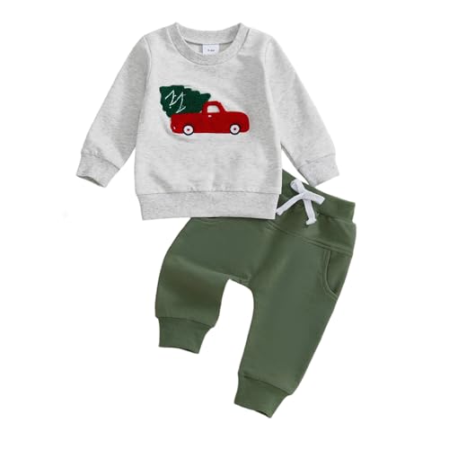 BemeyourBBs Toddler Baby Boy Christmas Outfit Cute Print Long Sleeve Sweatshirt and Pants Set 2 Piece Sweatsuit Winter Clothes (Car and Christmas Tree Grey 2-3T)
