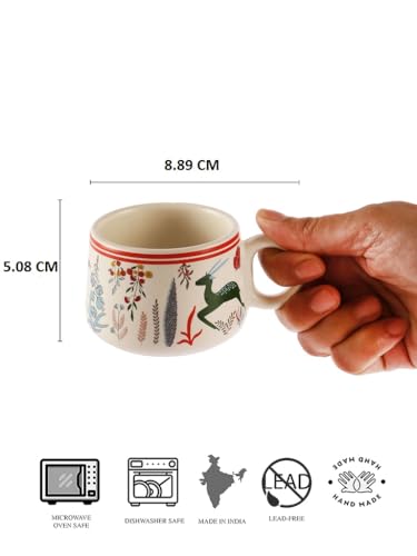Image of miah decor Ceramic Tea Cups Set of 6 - Cream Red | Handcrafted Stoneware Matte Deer & Floral Finish | Microwave & Dishwasher Safe Coffee Cups & Mugs for Home, Office & Gifting - Every Occasion |180ml