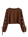 SweatyRocks Women's Casual Lace Up Long Sleeve Pullover Crop Top Sweatshirt Dark Brown Small