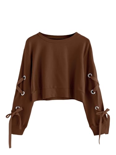 SweatyRocks Women's Casual Lace Up Long Sleeve Pullover Crop Top Sweatshirt Dark Brown Small