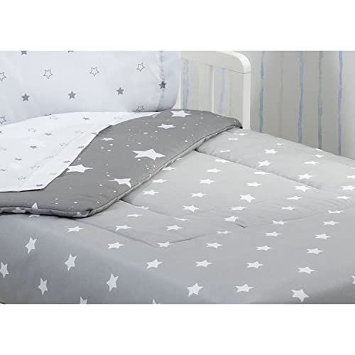 Delta Children 4 Piece Toddler Bedding Set For Boys - Reversible 2-In-1 Comforter - Includes Fitted Comforter To Keep Little Ones Snug, Bottom Sheet, Top Sheet, Pillow Case - Dusty Skies, Grey Stars #TOP5